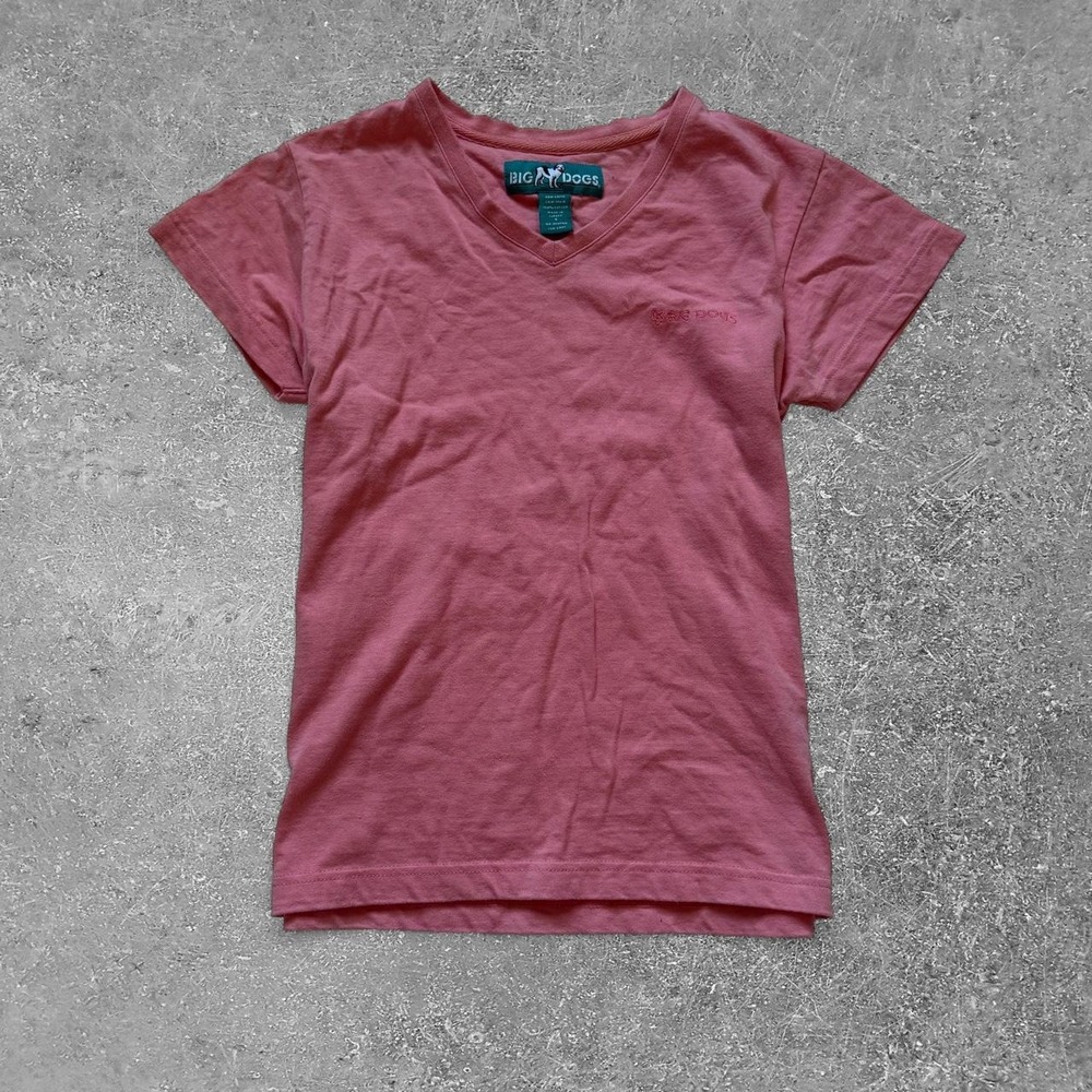 Big Dogs Pink V-Neck Cotton T-Shirt Womens Small Y2K Baby Tee Short Sleeve